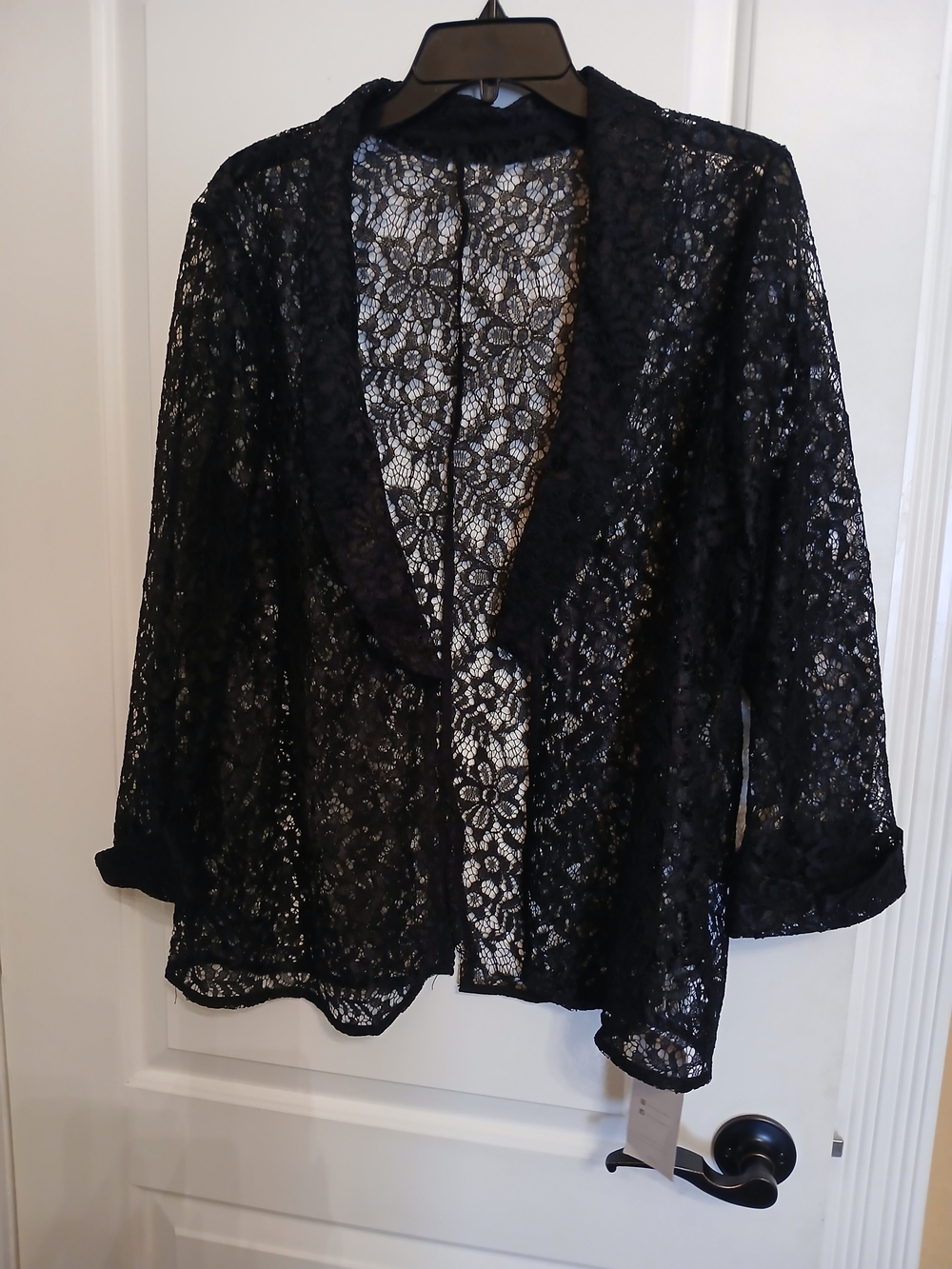 Black Lace Sheer Open-Front Collared Jacket, NEW WITH TAGS, Business Elegant. XL